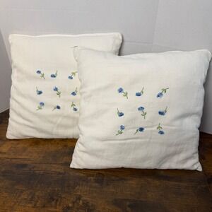 Laura Ashley Pillow Covers Set 2 White Blue Floral Linen Cotton 14"x14"